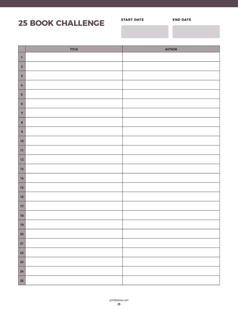 A 25-book challenge tracker with a brown header. The design features a table to record book titles and authors, and includes spaces for start and end dates