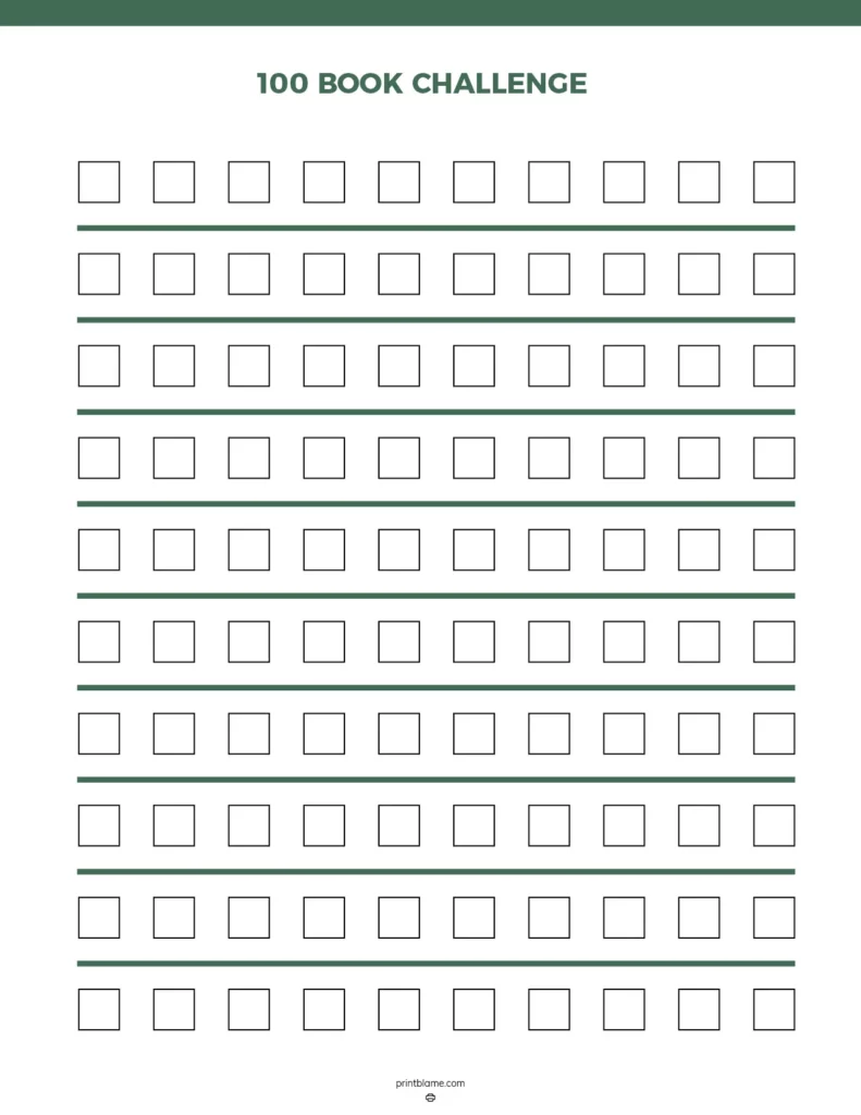 A checklist for the 100 book challenge with a green heading. The page is filled with rows of squares, each one representing a book to be read in the challenge.