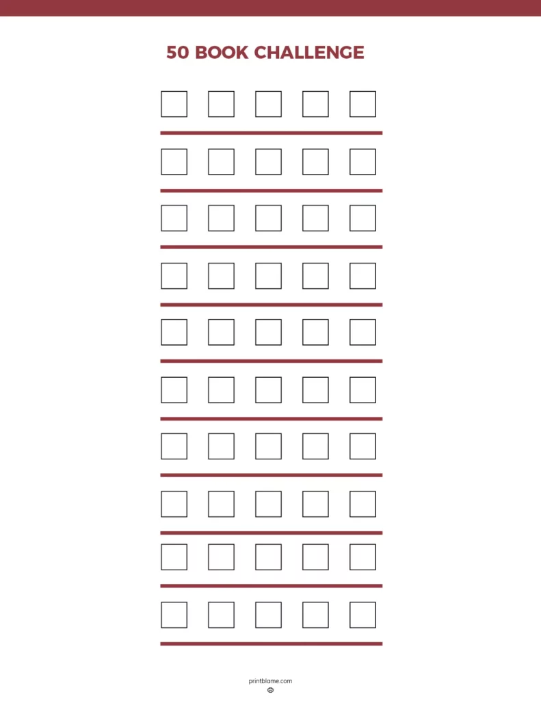 A checklist for the 50 book challenge with a red heading. The page includes rows of squares, each square indicating one book in the challenge.