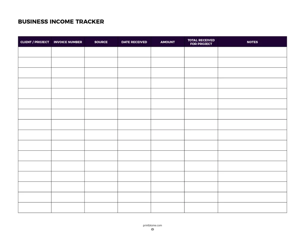 Business income tracking sheet - This printable features a structured layout with designated columns for client or project information, invoice number, source, date received, amount, total received for the project, and notes.