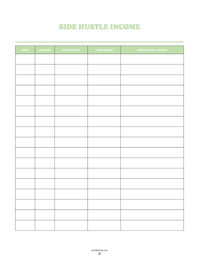 Side hustle income tracker - a printable worksheet designed to help users track earnings from side hustles. It features sections for date, amount, side hustle type, time period, and additional notes, all styled with a clean layout and soft green accent.
