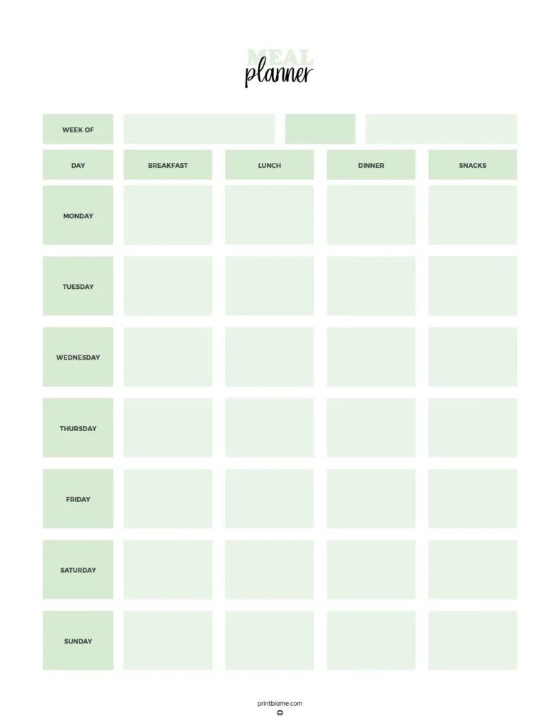 Meal planner - the image features a printable meal planner designed for weekly use with a soft green color scheme. The layout includes sections for the week, income, days of the week, and spaces for breakfast, lunch, dinner, and snacks.
