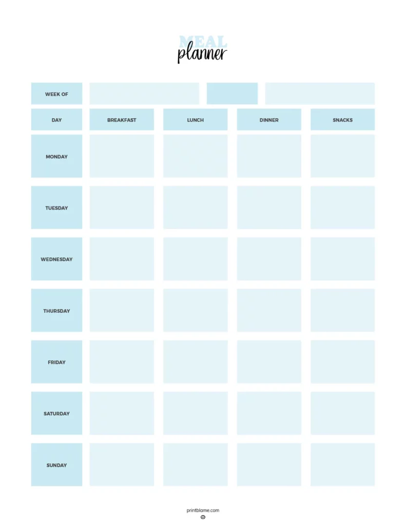 Family meal planner - This printable features a simple and organized layout designed for weekly meal planning, including sections for days of the week and meal categories such as breakfast, lunch, dinner, and snacks.