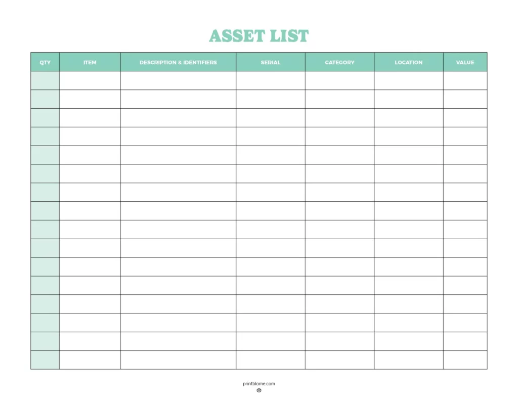 Asset list example - A structured printable document featuring a grid layout for tracking assets with designated columns for quantity, item description, serial numbers, category, location, and value. The design incorporates soft green accents on a clean white background, enhancing visual clarity and organization.