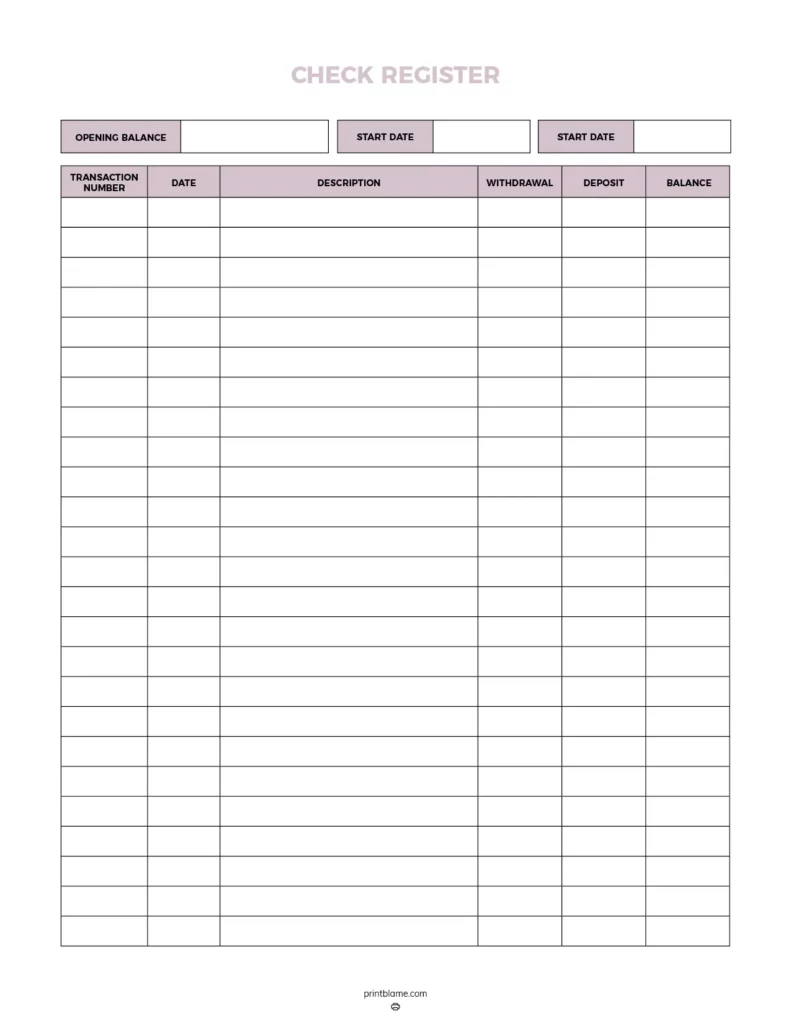 Editable checking account register - This printable template features a structured layout with labeled sections for recording transactions, including date, description, withdrawal, deposit, and balance. It is designed in a clean, minimalist style with soft colors to enhance readability and organization.