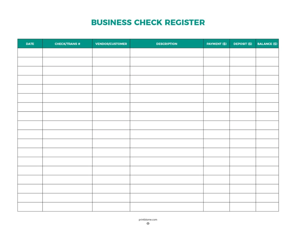 Business check register - A structured financial template featuring labeled sections for date, check or transaction number, vendor or customer details, and descriptions, along with columns for payment, deposit, and balance amounts.