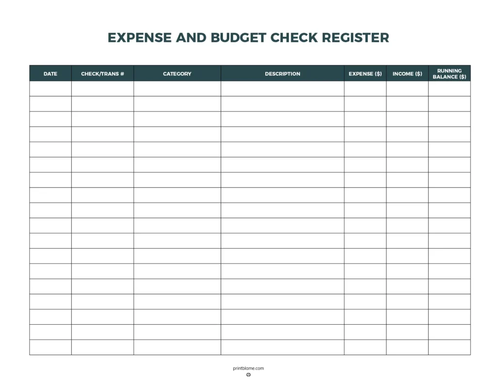 Expense and budget check register - A detailed template designed for tracking expenses and income with rows for date, transaction number, category, description, and amounts for expenses, income, and running balance.