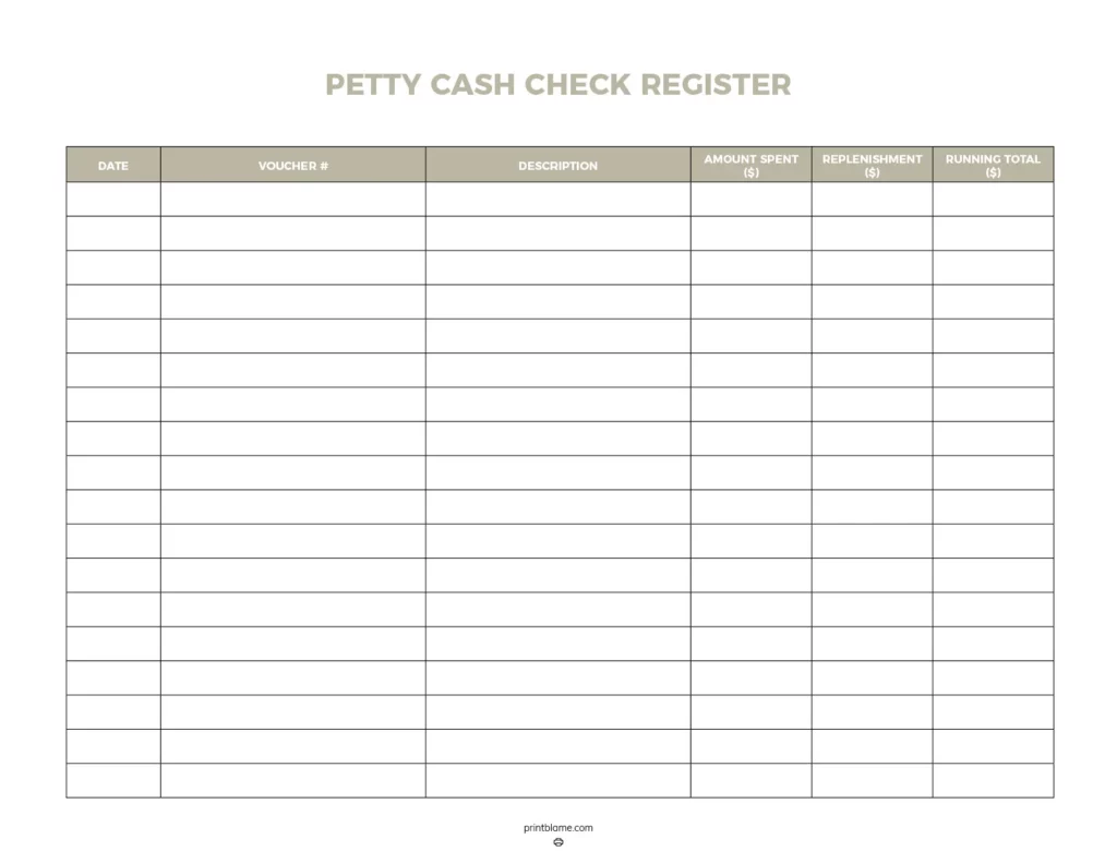 Petty cash check register - A printable form designed to track petty cash transactions with sections for date, voucher number, description, amount spent, replenishment, and running total. It features a clean layout with light colors, making it easy to fill out and use for financial record-keeping.