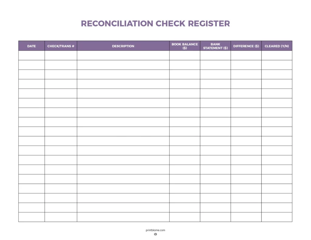 Reconcoliation check register - A structured printable template designed for tracking financial transactions, featuring sections for date, check number, description, book balance, bank statement amount, differences, and clearing status. The design includes clear, lined columns for ease of use and organization.