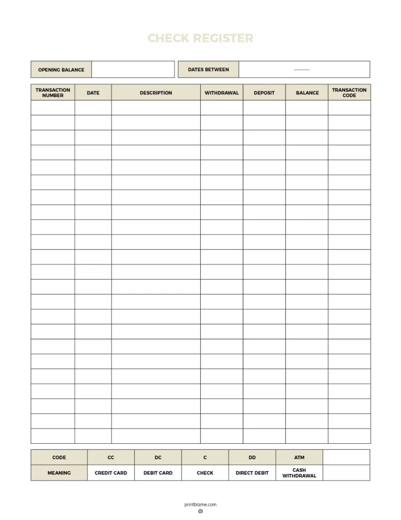Editable check register - a neatly organized template designed to help track financial transactions including withdrawals and deposits. It features sections for an opening balance, transaction date, description, withdrawal, deposit, balance, and transaction code.