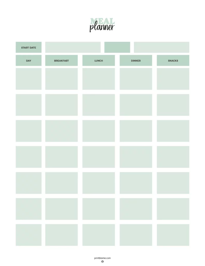 Undated meal planner - A clean and organized printable layout designed for meal planning featuring a soft green color scheme. It includes sections for start date, day of the week, breakfast, lunch, dinner, and snacks, allowing users to fill in their meals for the week.