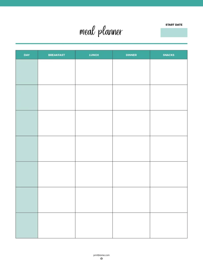 No date meal planner - a clean and organized printable designed for meal planning with sections for breakfast, lunch, dinner, and snacks. The layout features a modern aesthetic with a turquoise accent color and clear headings.