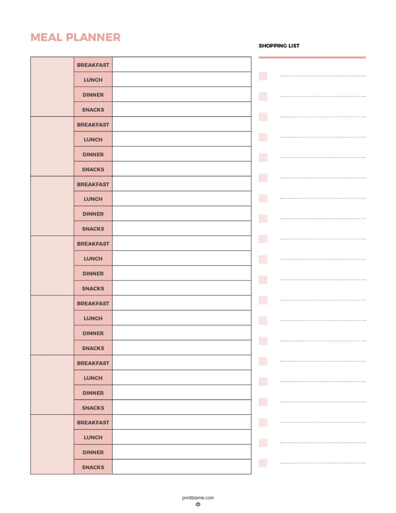 Flexible meal planner - A neatly organized template featuring sections for breakfast, lunch, dinner, and snacks, with ample space for writing in meals. It includes a designated shopping list area for easy grocery planning.