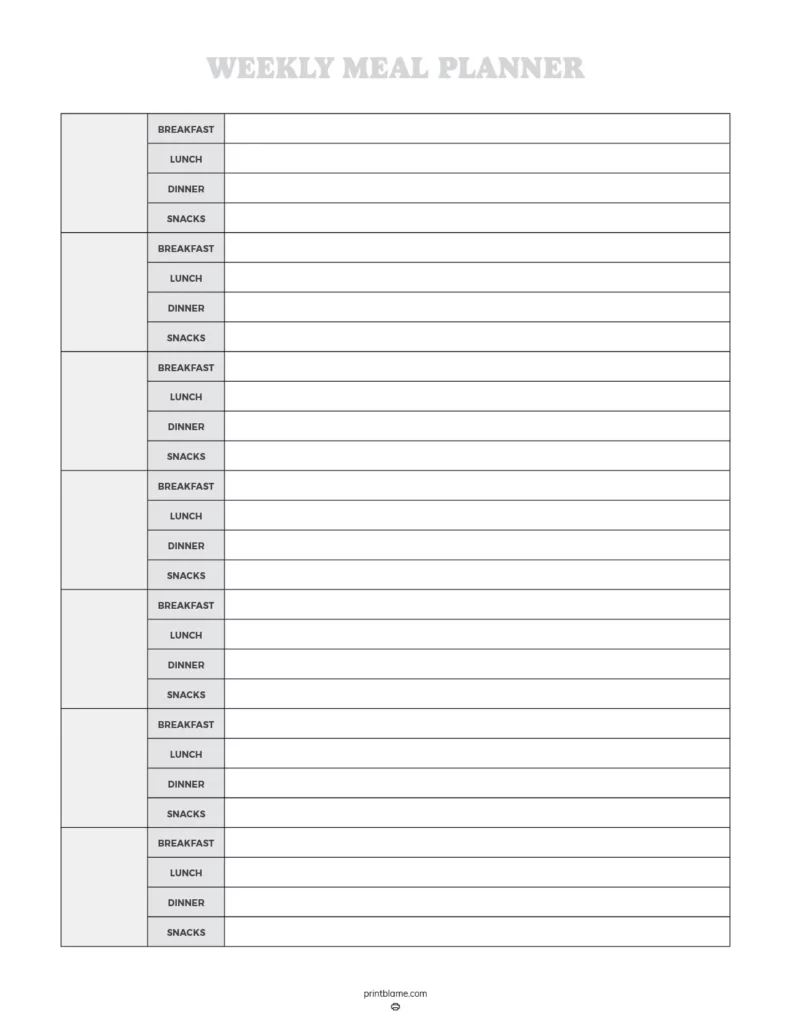 Open-ended meal planner - A structured weekly meal planner featuring sections for breakfast, lunch, dinner, and snacks. The design is clean and minimalist, making it easy to write down meal plans for each day of the week.