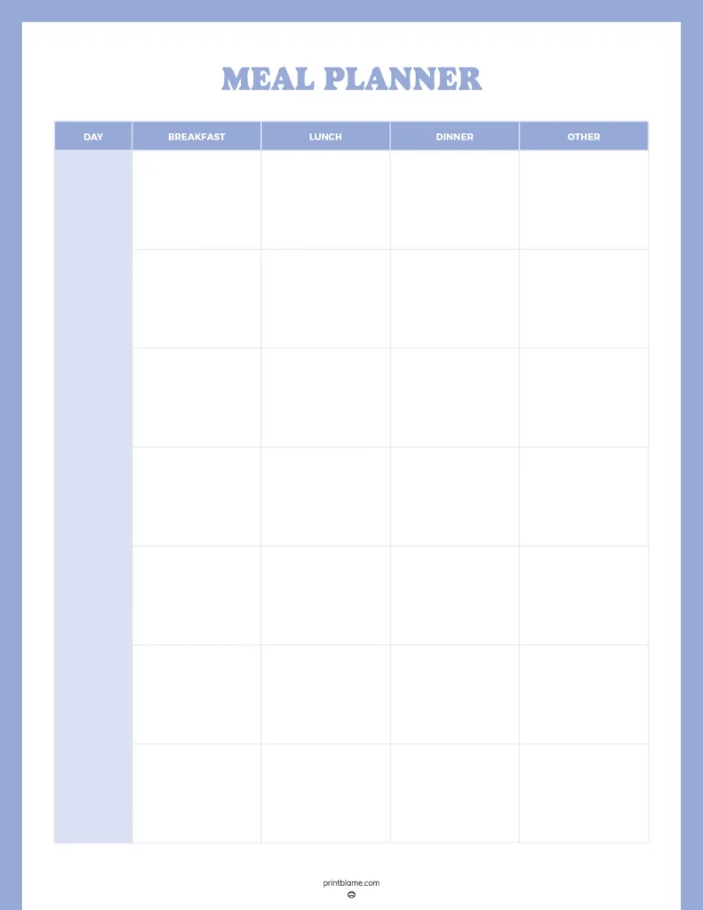 Perpetual meal planner - Simple and organized meal planning template with sections for breakfast lunch dinner and other meals colored in soft blue tones for a calming effect.