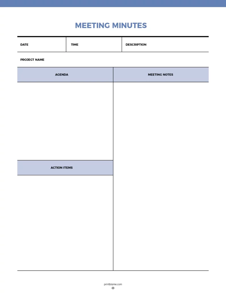 Meeting notes template - a clean and structured printable designed for capturing meeting information, featuring sections for date, time, project name, agenda, meeting notes, and action items. The template is predominantly white with a light blue header and section highlights, arranged in a horizontal orientation for easy readability.