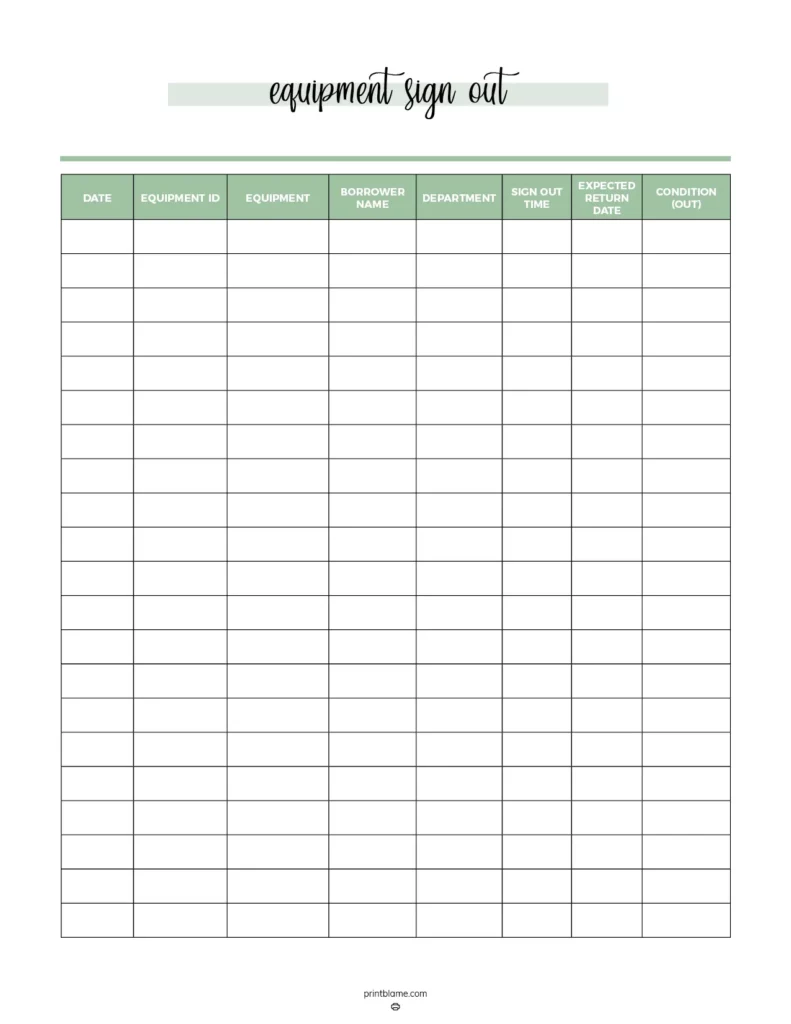 Equipment sign out sheet - A structured form designed for tracking the borrowing of equipment featuring columns for date equipment ID equipment borrower name department sign out time expected return date and condition. The sheet incorporates a clean and simple layout with a light green accent at the top, making it easy to read and fill out.