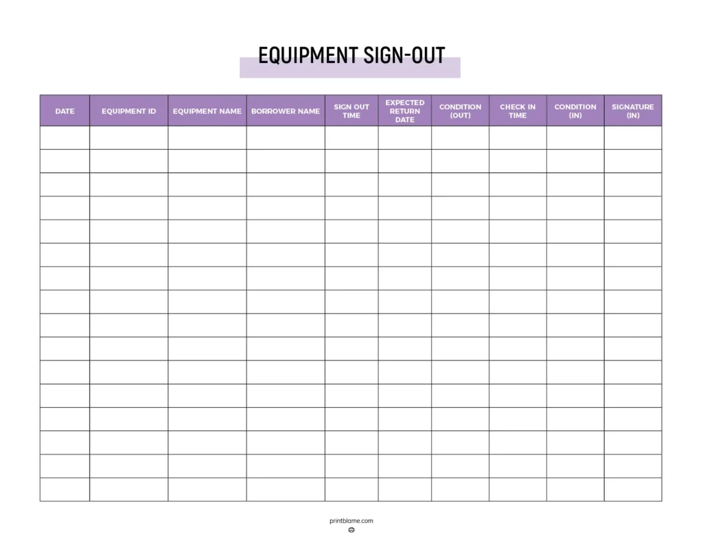 Equipment check out sheet - A structured template for logging equipment sign-outs featuring labeled columns for date, equipment ID, equipment name, borrower name, sign-out time, expected return date, condition upon check-out, check-in time, condition on return, and signature fields. The design is clean and organized with a light purple header, ensuring easy readability and functionality.