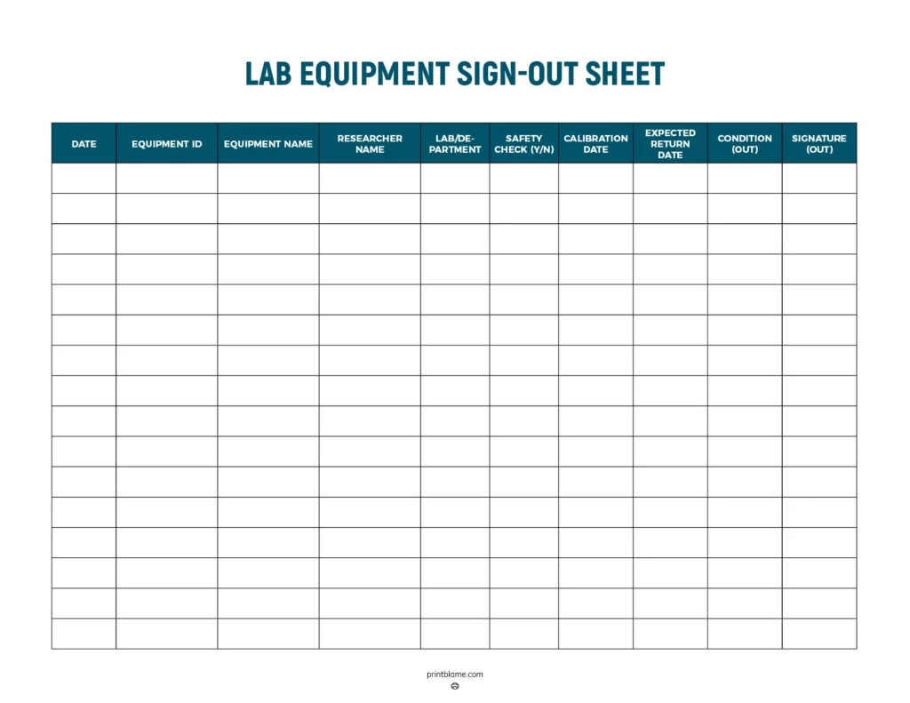 Lab equipment sign-out sheet - A structured template designed for tracking lab equipment usage, featuring a clear layout with designated columns for date, equipment ID, equipment name, researcher name, lab or department, safety check, calibration date, expected return date, condition, and signature of the user.