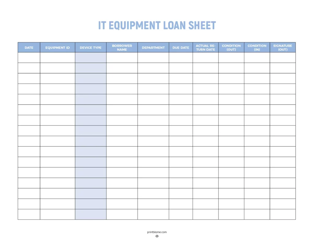 It equipment loan sheet - A structured document designed for tracking the loaning of IT equipment that features multiple rows and columns for capturing essential details. The layout includes fields for dates, equipment IDs, device types, borrower's name, department, return dates, and condition statuses.