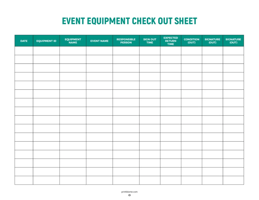 Event equipment sign out sheet - This printable features a structured layout with clearly labeled columns for essential information including date, equipment ID, and responsible person. It is designed in a clean, modern style with a turquoise header for easy visibility.