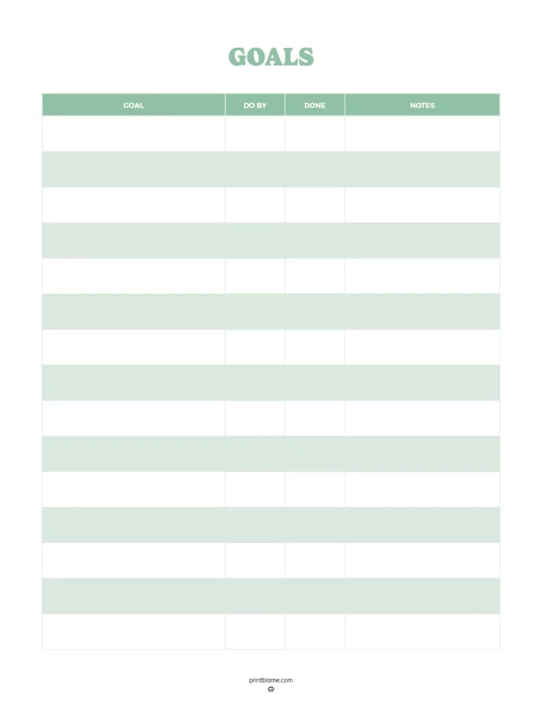 Weekly goal journal - A clean and minimalist printable with a soft green color scheme designed for tracking weekly goals. It includes sections for the goal, due date, completed status, and notes.