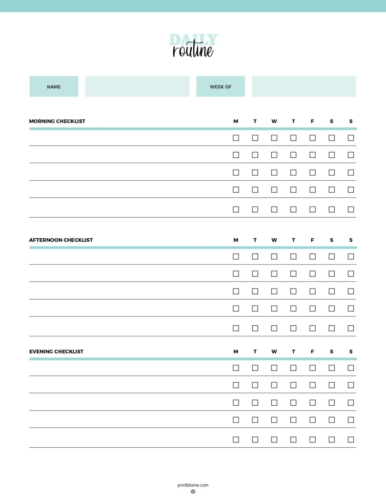Routine printable - a structured daily routine chart featuring sections for morning, afternoon, and evening checklists organized by days of the week with checkboxes for task completion.