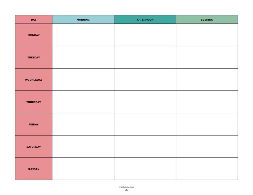 Daily routine charts for adults - A colorful and organized weekly chart designed for adults to plan their daily activities segmented into morning, afternoon, and evening sessions.