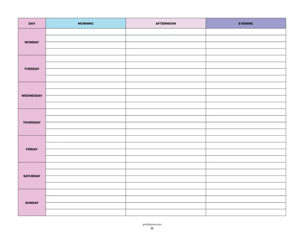 Daily schedule printable free - a colorful weekly chart featuring sections for each day of the week divided into morning, afternoon, and evening time slots for easy organization.