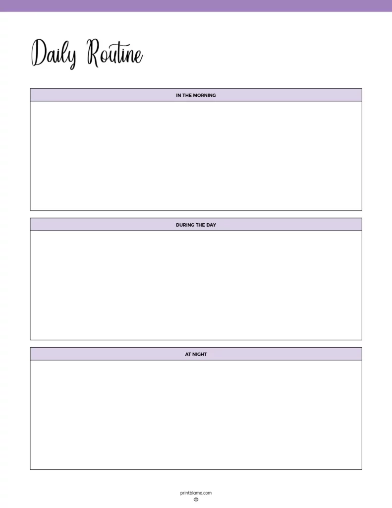 Free printable daily routine chart - A clean and elegant chart featuring sections labeled "In the morning," "During the day," and "At night" with light purple headers, designed for users to organize and track their daily activities.