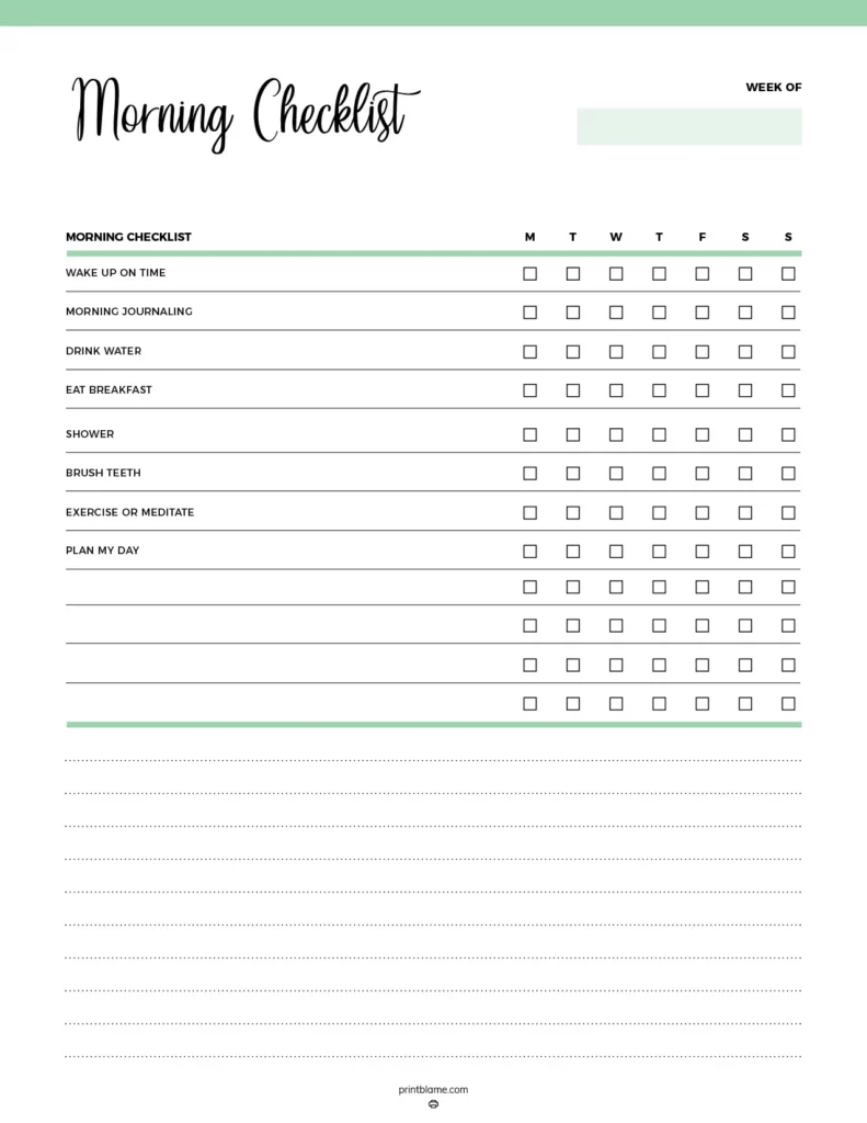 Printable morning checklist - a structured chart designed to help users organize their morning routines with checkboxes for tasks like waking up on time, journaling, and planning the day.