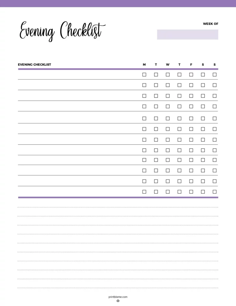 Evening checklist printable - a structured template featuring designated spaces for daily tasks organized by the days of the week with checkboxes for completion.