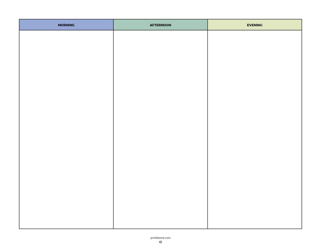 Printable blank routine chart - a structured daily routine chart with three labeled sections for morning, afternoon, and evening activities, featuring a clean design with light colors of blue, green, and yellow for easy organization.