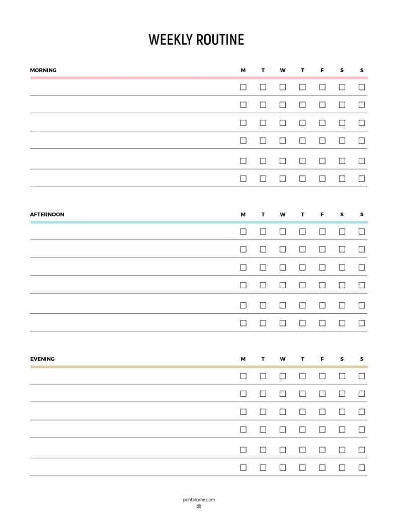 Weekly routine chart - A structured chart featuring three sections labeled Morning, Afternoon, and Evening with designated spaces for each day of the week to track activities and tasks.