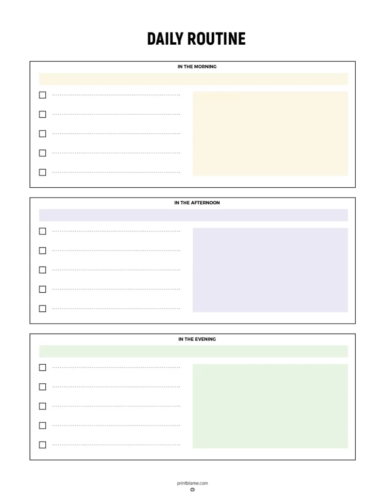 Free printable daily routine charts - A structured layout featuring sections for morning, afternoon, and evening activities, with alternating pastel-colored backgrounds and ample space for writing tasks. Each section includes checkboxes for tracking completion.