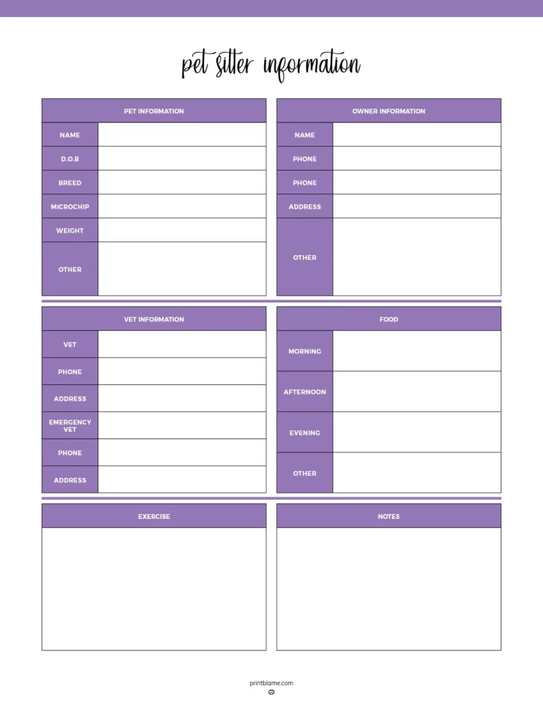 Free printable pet sitting forms - This printable form features a structured layout with sections for pet information, owner details, vet contacts, feeding schedules, exercise needs, and additional notes, all accented with a cheerful purple color scheme.