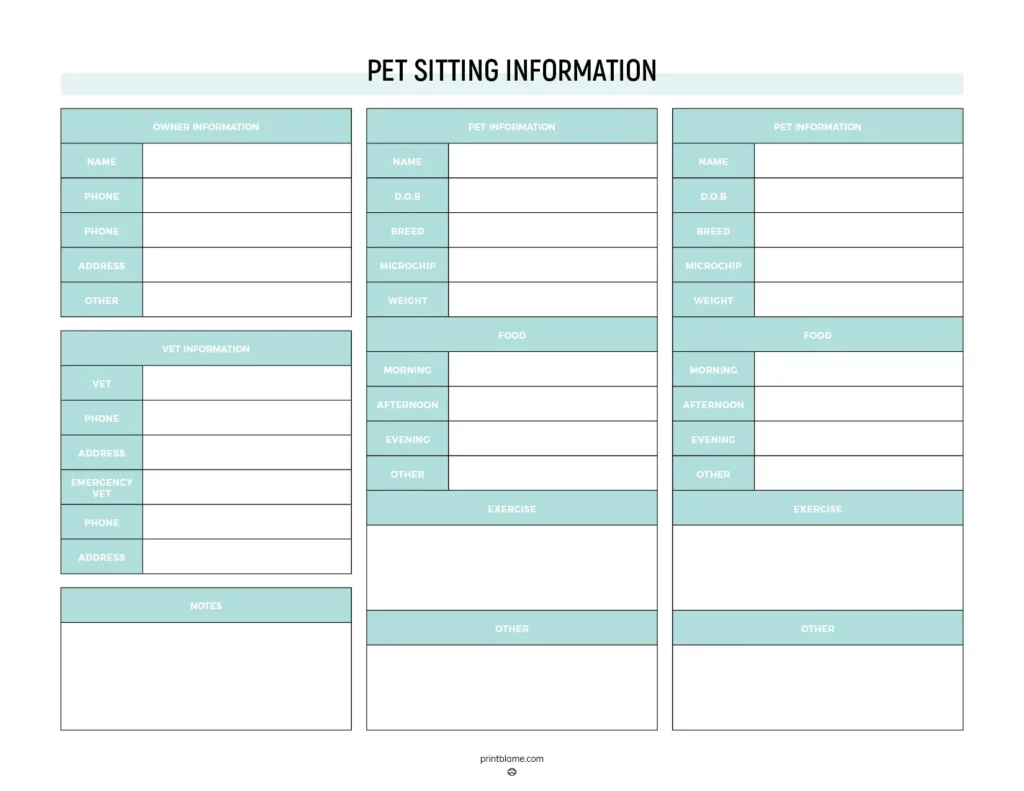 Pet sitting information sheet - a structured form featuring sections for owner and pet information, veterinarian details, feeding and exercise schedules, along with spaces for additional notes.