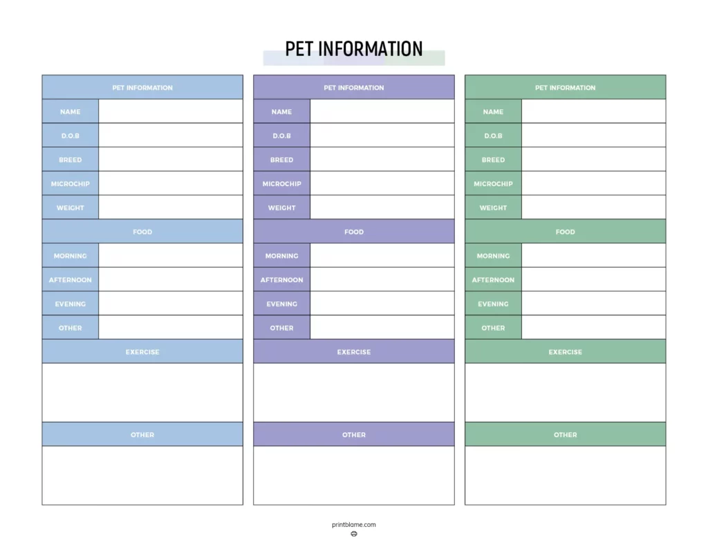 Pet sitter checklist template free - this printable form features sections for pet information such as name, date of birth, breed, microchip details, and weight organized into three columns with different pastel colors for easy differentiation.