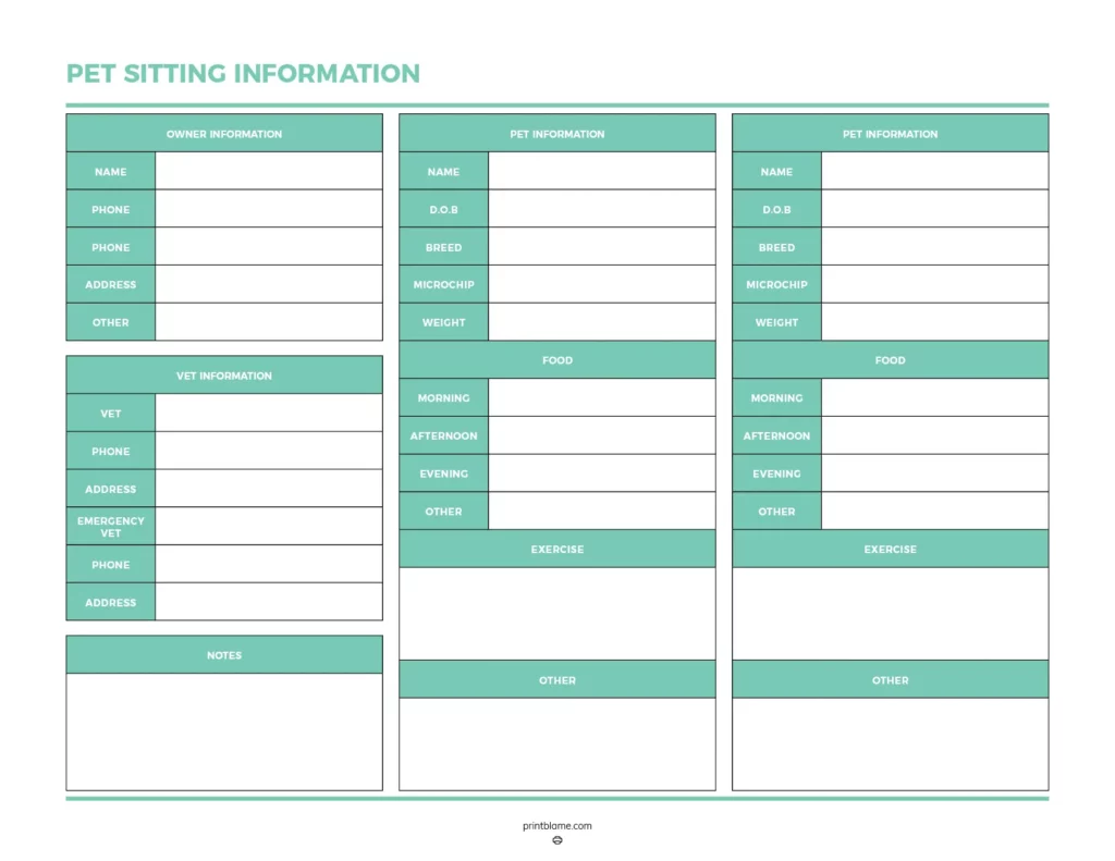 Pet sitting information page - a printable form designed to collect essential details for pet sitting, featuring sections for owner information, pet information, and vet details, all laid out in a clean, organized manner.