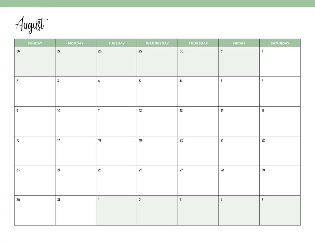 August 2026 Horizontal Calendar Printable in Green