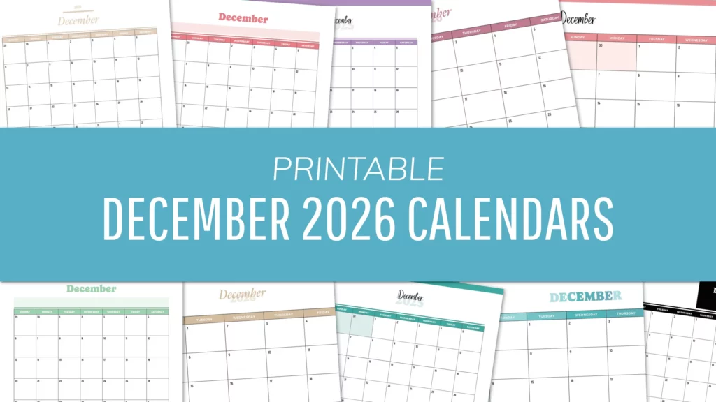 Festive light holiday icons adorn the grid in December 2026 Calendar Printables