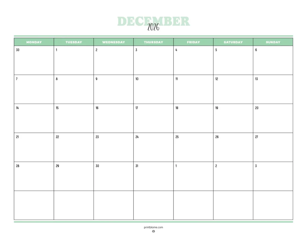 Monday start December 2026 calendar in light green color