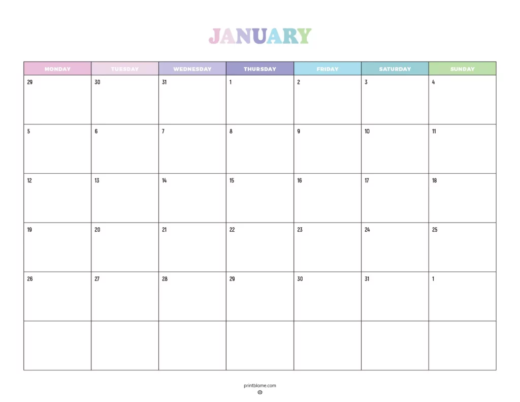 A4 calendar January 2026 in vibrant pink, purple, blue, and green colors.