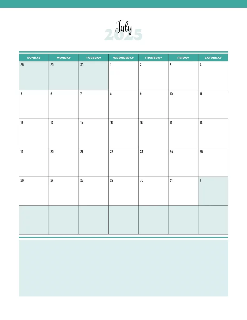 Free printable US letter calendar for July 2026 in aqua blue