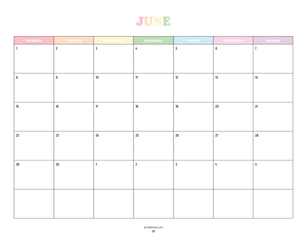 Free printable Monday start June 2026 calendar in rainbow colors