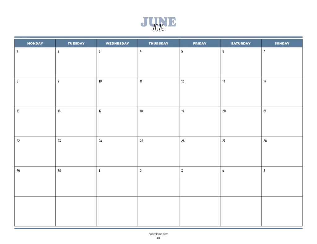 June 2026 calendar A4 printable in deep blue color
