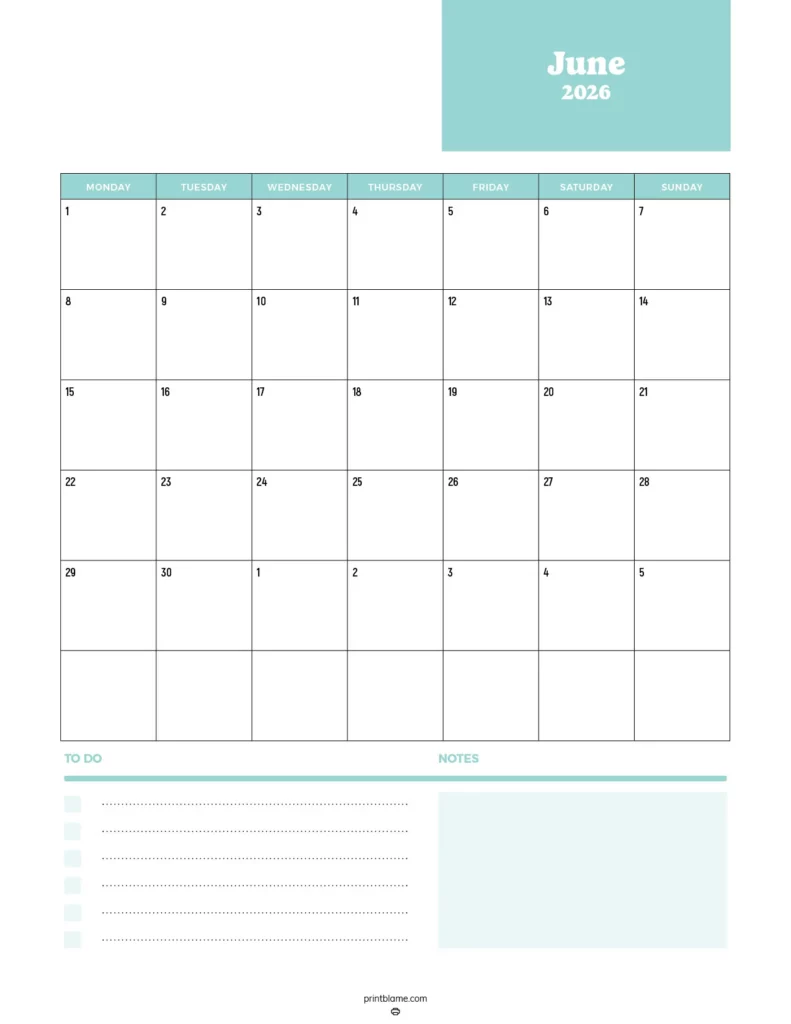 Free printable calendar for June 2026 in teal color