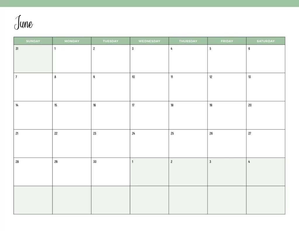 Free printable June 2026 calendar in green layout