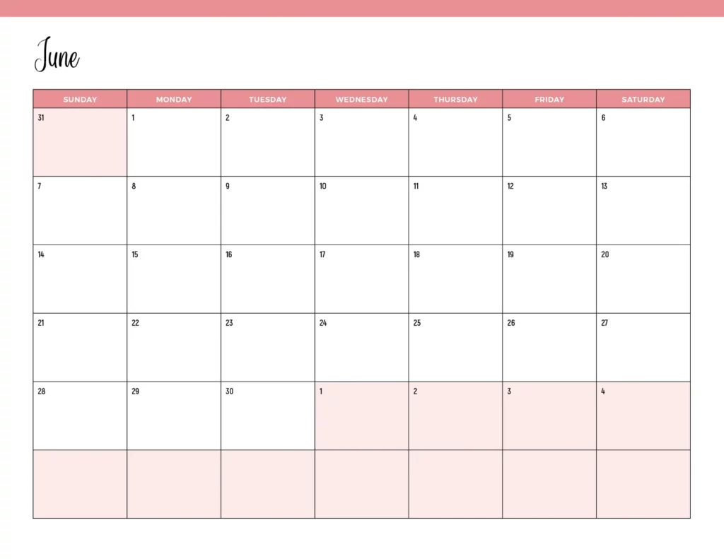 2026 calendar June in salmon pink design