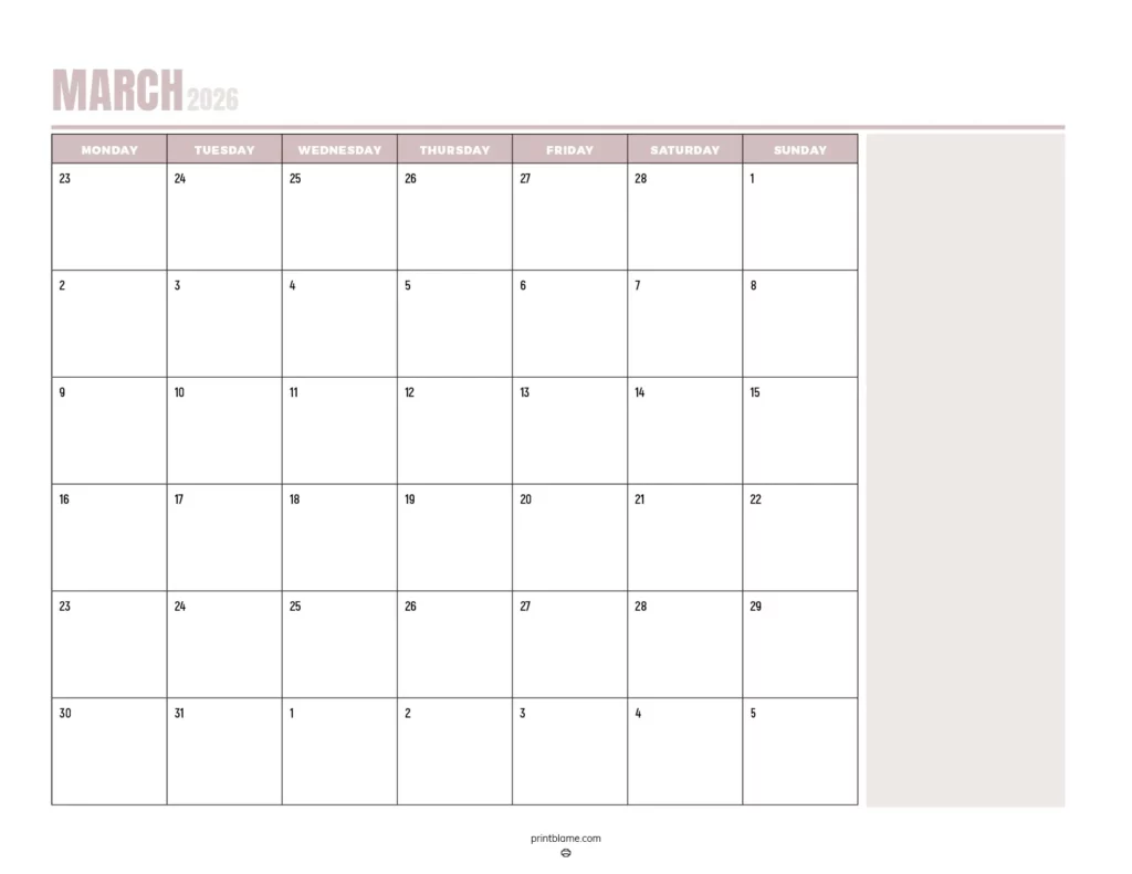 Free printable March 2026 calendar with a Sunday start in light brown.